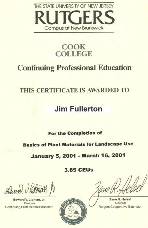 Rutgers University Continuing Professional Education Certificate for Jim Fullerton