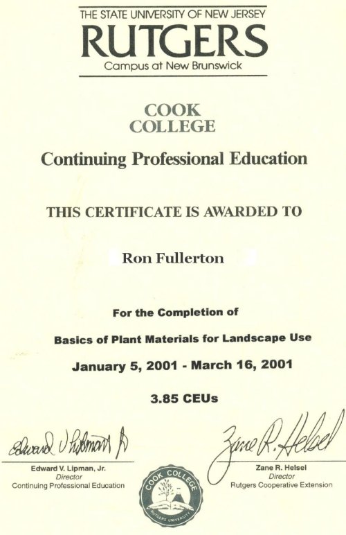 Rutgers University Continuing Professional Education Certificate for Ron Fullerton